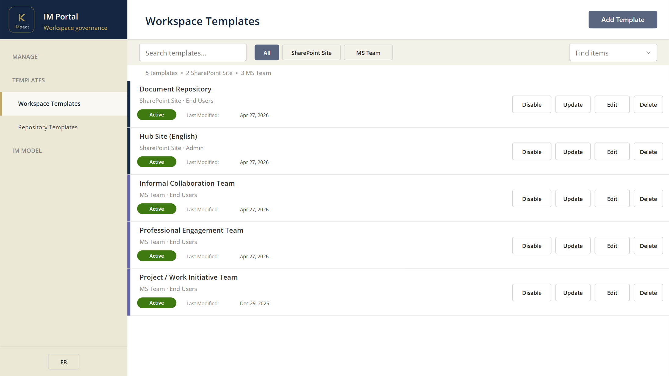 IM Portal — workspace templates
